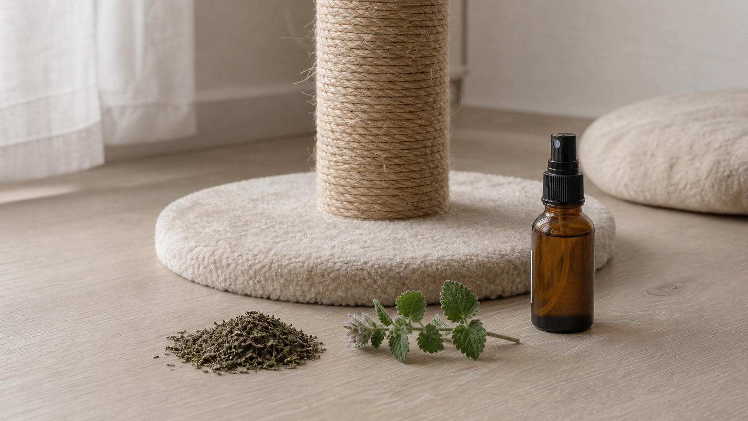 Dried catnip leaves, a fresh sprig, and a spray bottle sitting beside a sisal scratching post.