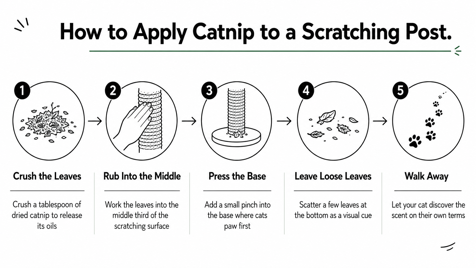 A five-step diagram showing how to crush, rub, and apply catnip to a scratching post.