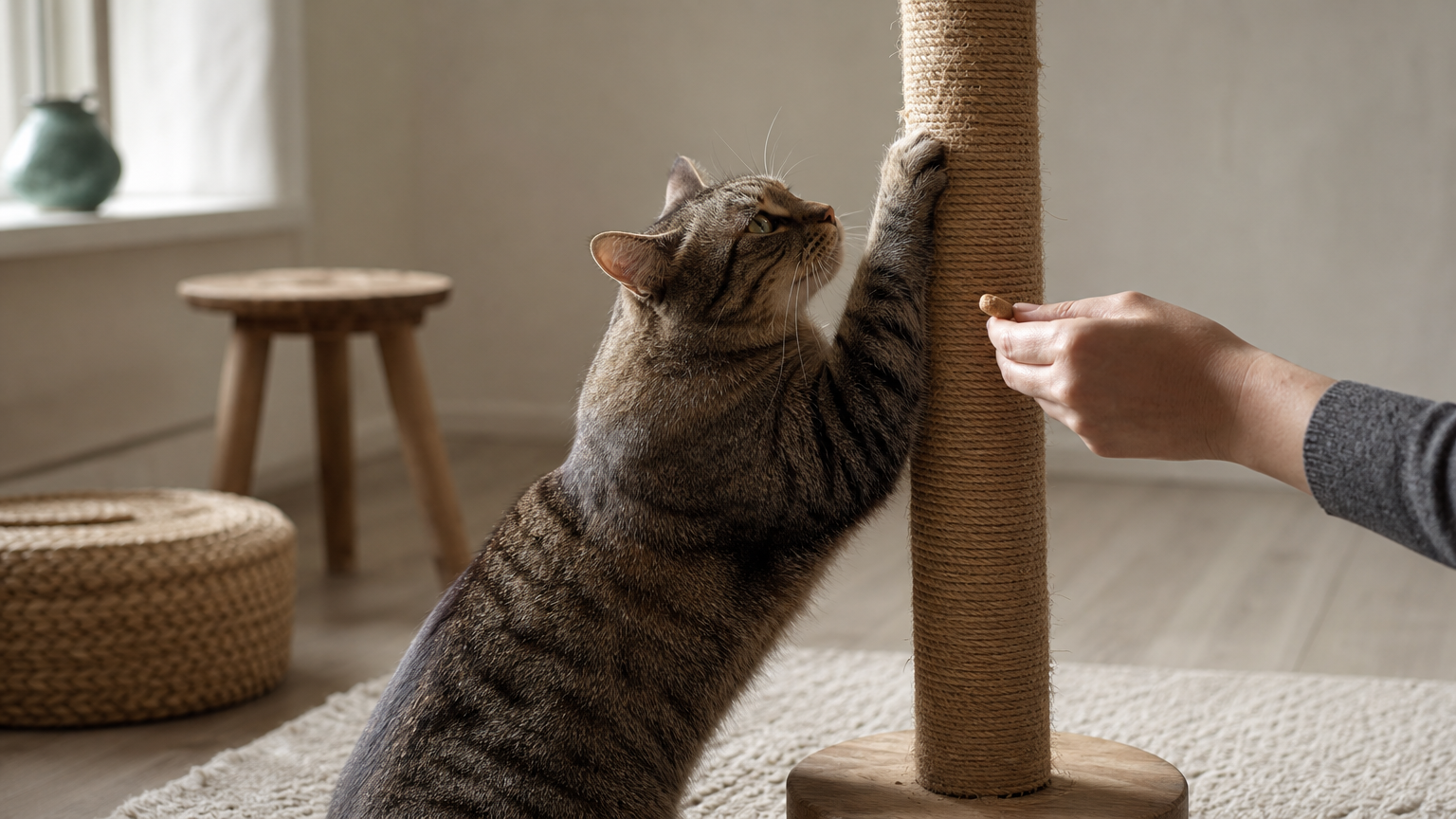 An owner's hand offering a treat to a cat that is scratching its post.