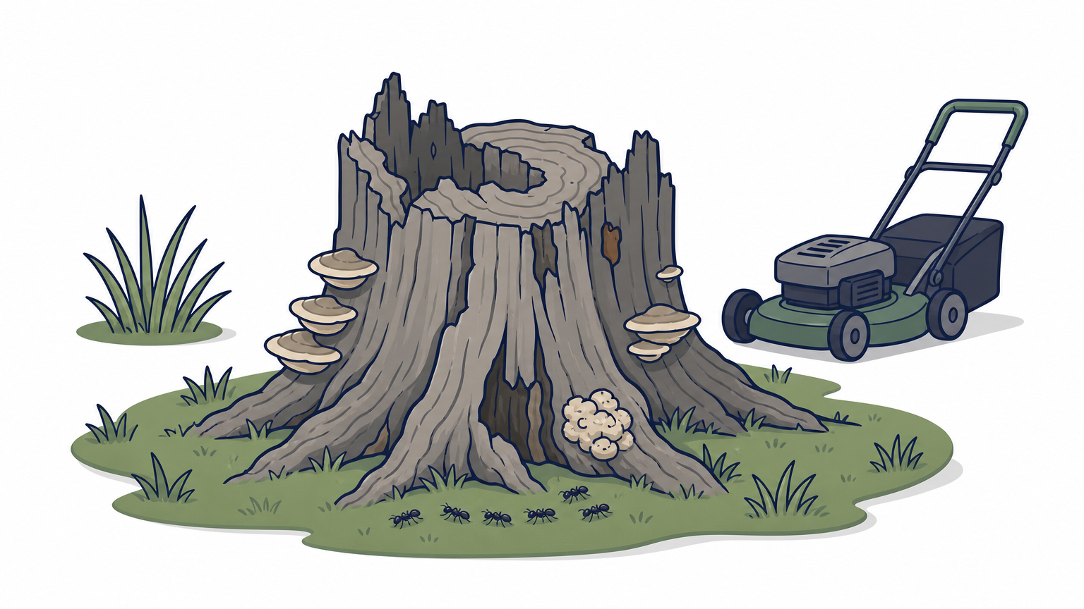 A weathered tree stump with fungus growth sits in a residential lawn near a mower.