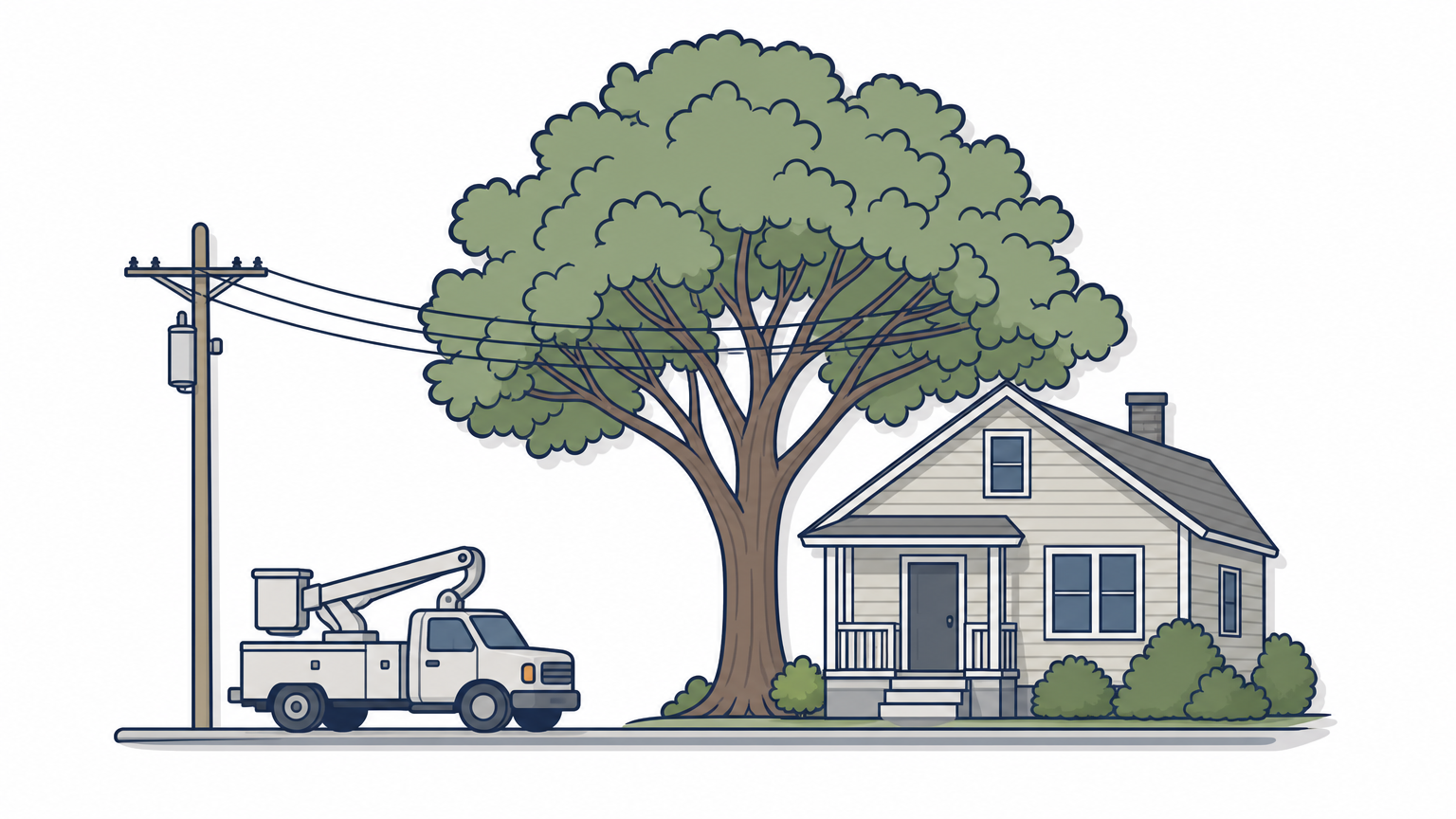 A large oak tree stands close to a house with power lines overhead and a truck parked nearby.