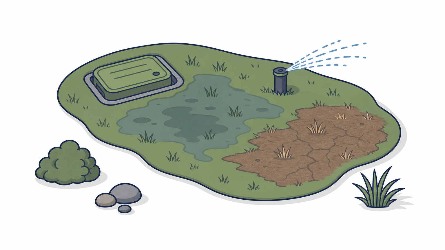A wet patch of grass beside a valve box next to a weakly spraying sprinkler head and a brown dry patch.