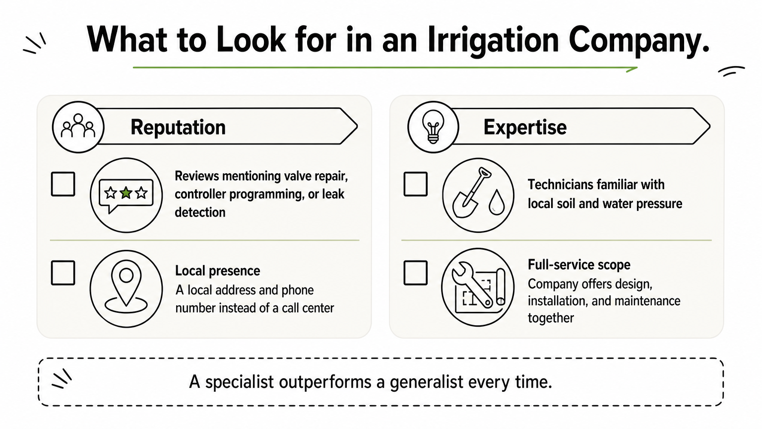 A two-column checklist infographic listing traits to look for when choosing an irrigation repair company.