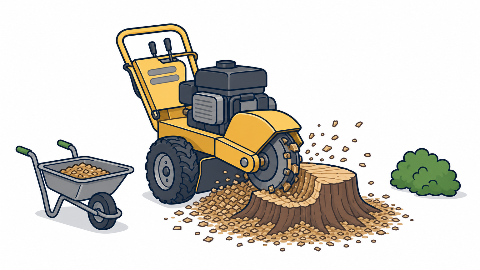 A stump grinder machine grinds down a tree stump with wood chips scattered around it.