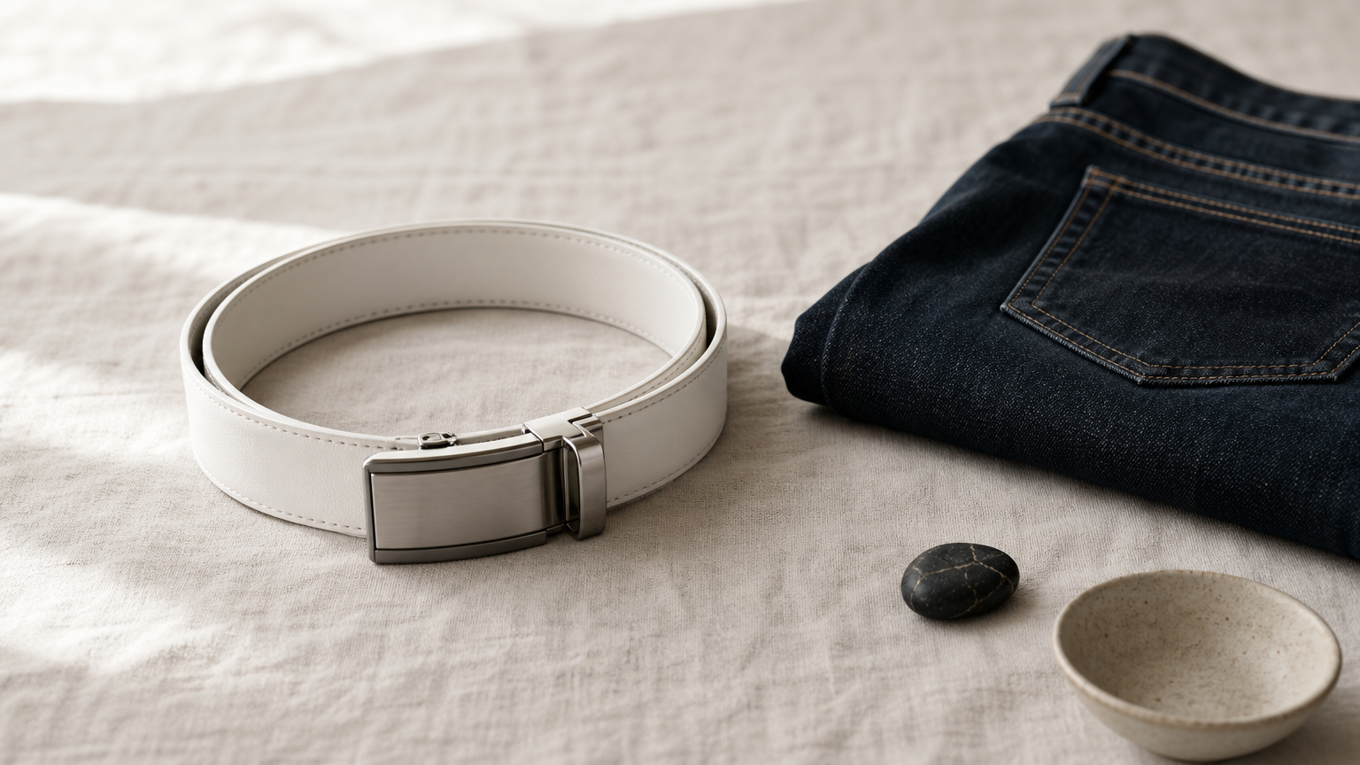 Ceinture en cuir blanc à boucle à cliquet posée près d'un jean plié.