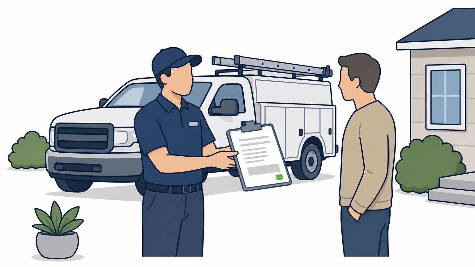 A technician hands a homeowner a written repair estimate on a clipboard near a service truck.