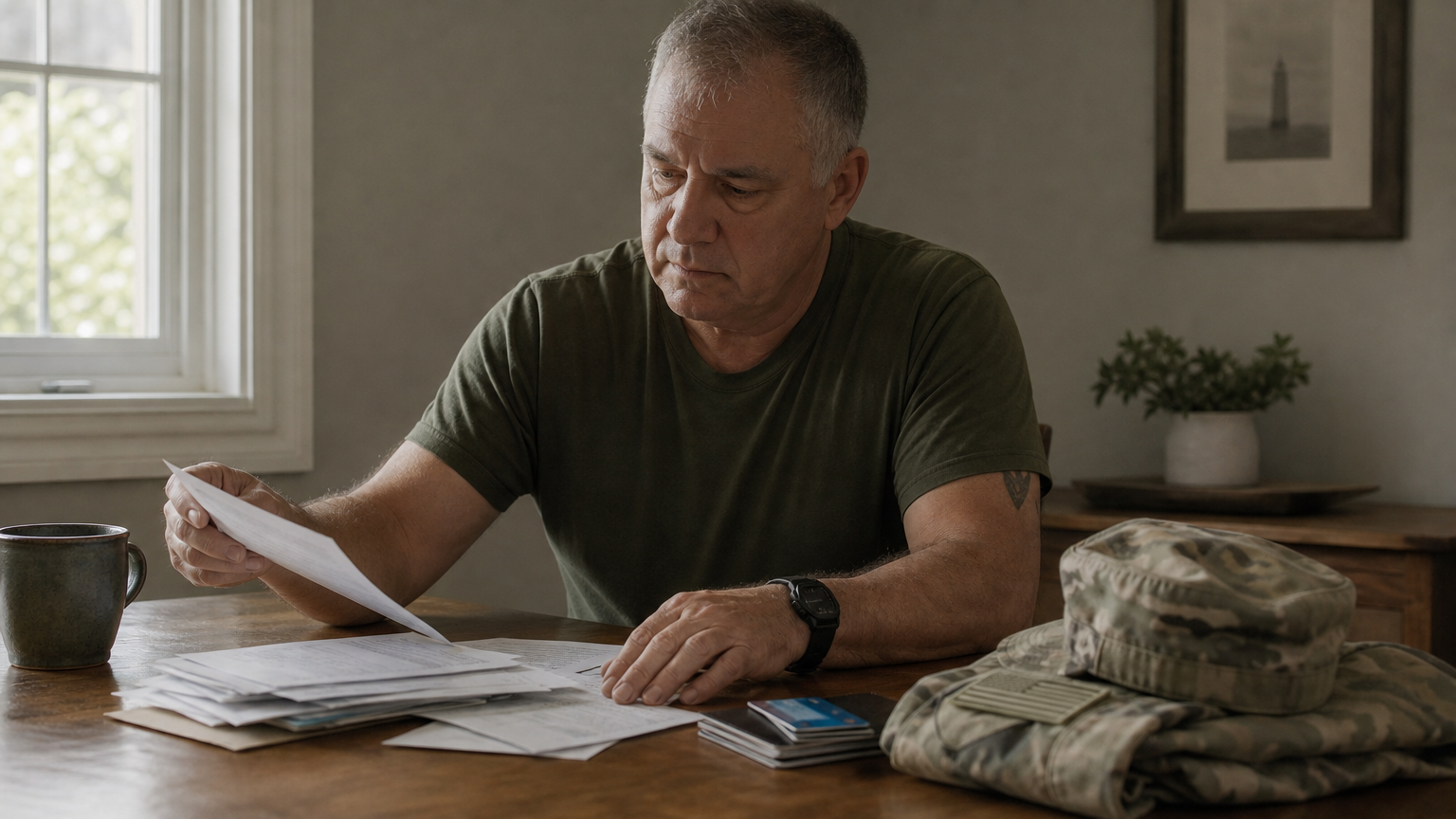 A veteran sits at a kitchen table sorting bills and credit cards near a folded uniform.