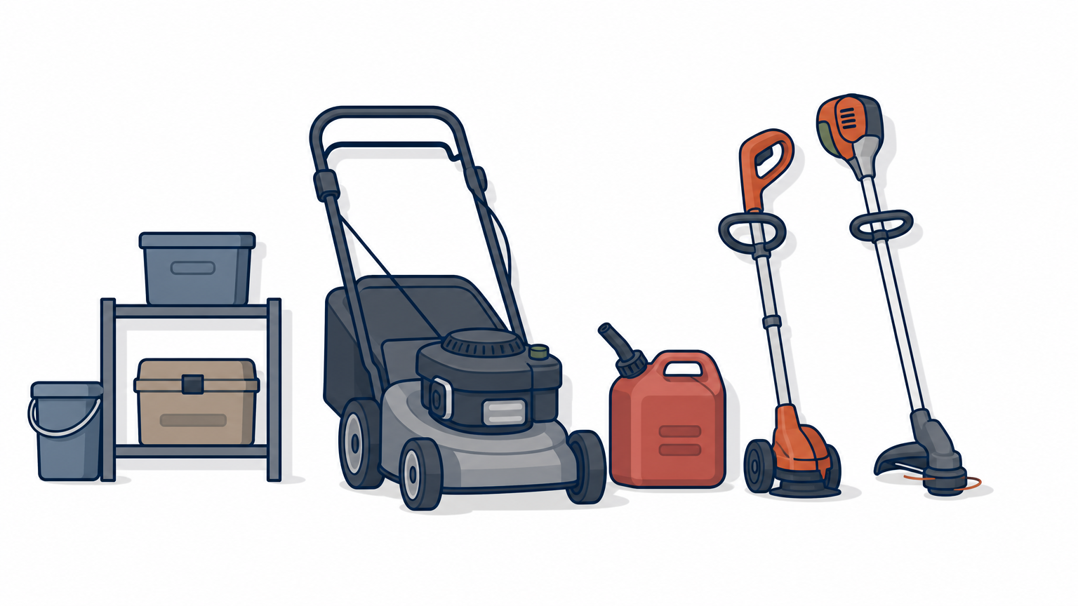 A garage wall holding a push mower, edger, trimmer, and a gas can.