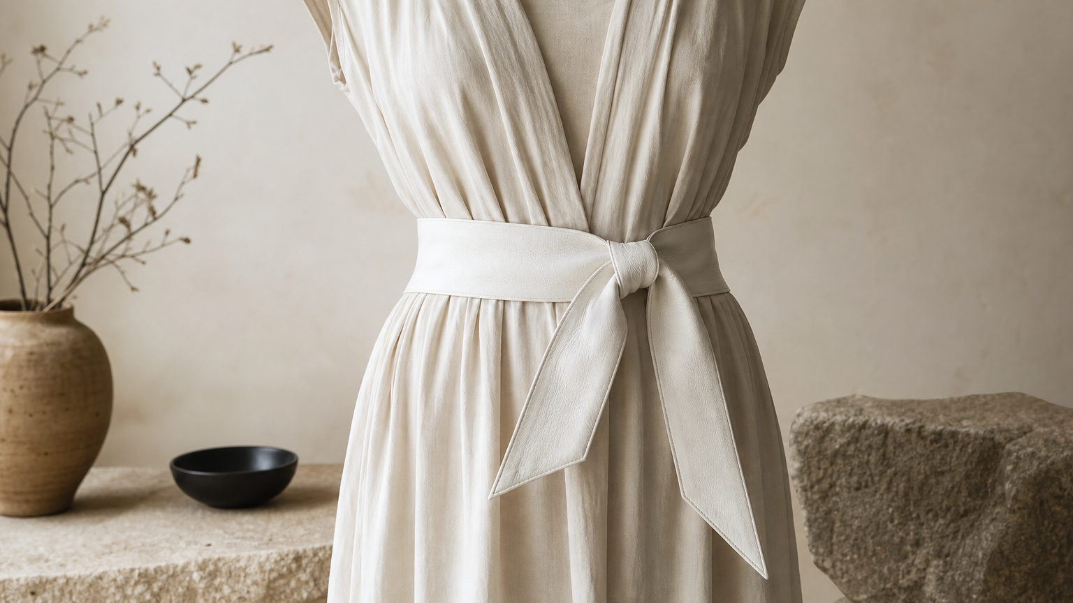 Large ceinture en cuir blanc nouée sur une robe fluide beige.