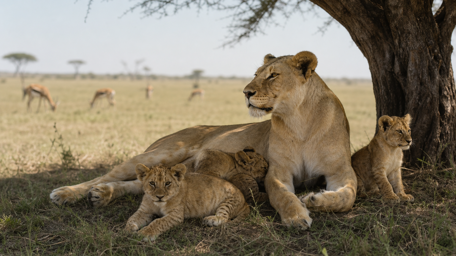 A lioness rests under an acacia tree with cubs nearby while antelope graze in the distant grassland.