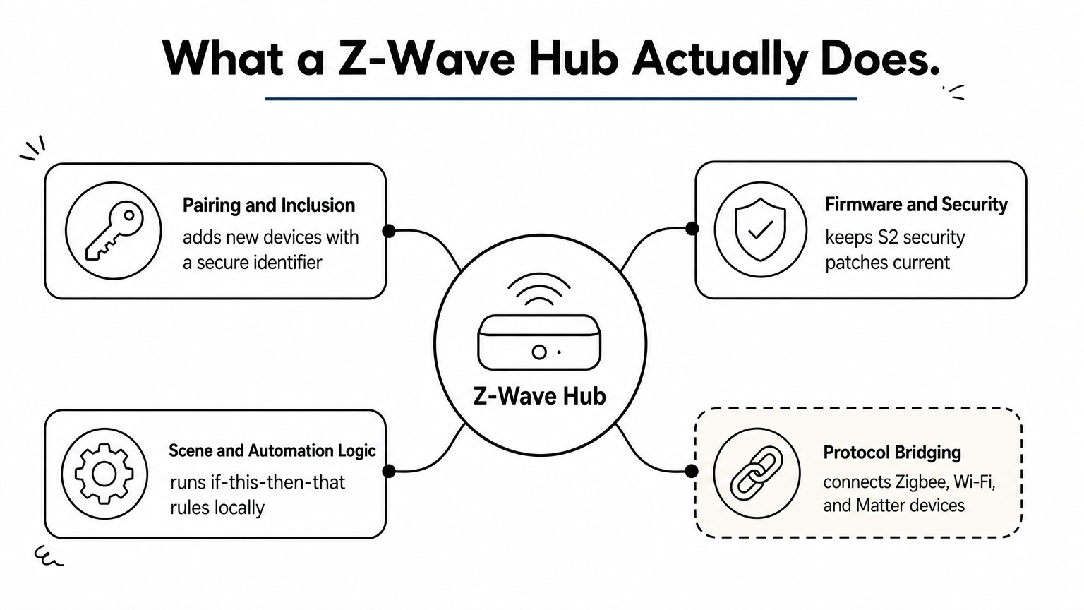 Hub diagram showing a central Z-Wave hub branching to pairing, security updates, automation logic, and protocol bridging.
