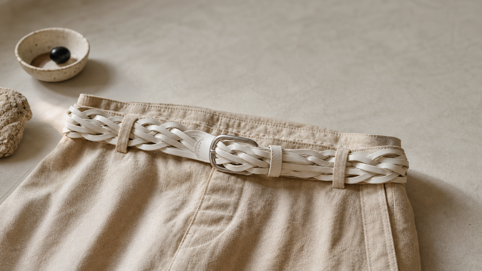 Ceinture en cuir blanc tressé posée sur une jupe en toile claire.