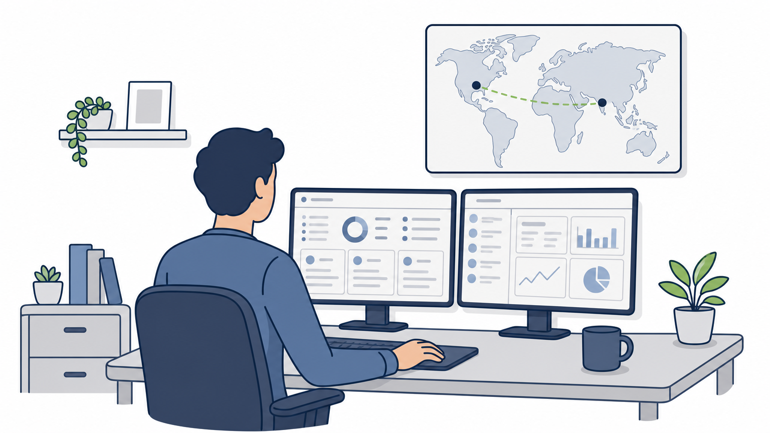 A developer works at a desk with dual monitors displaying a CRM dashboard beside a world map.
