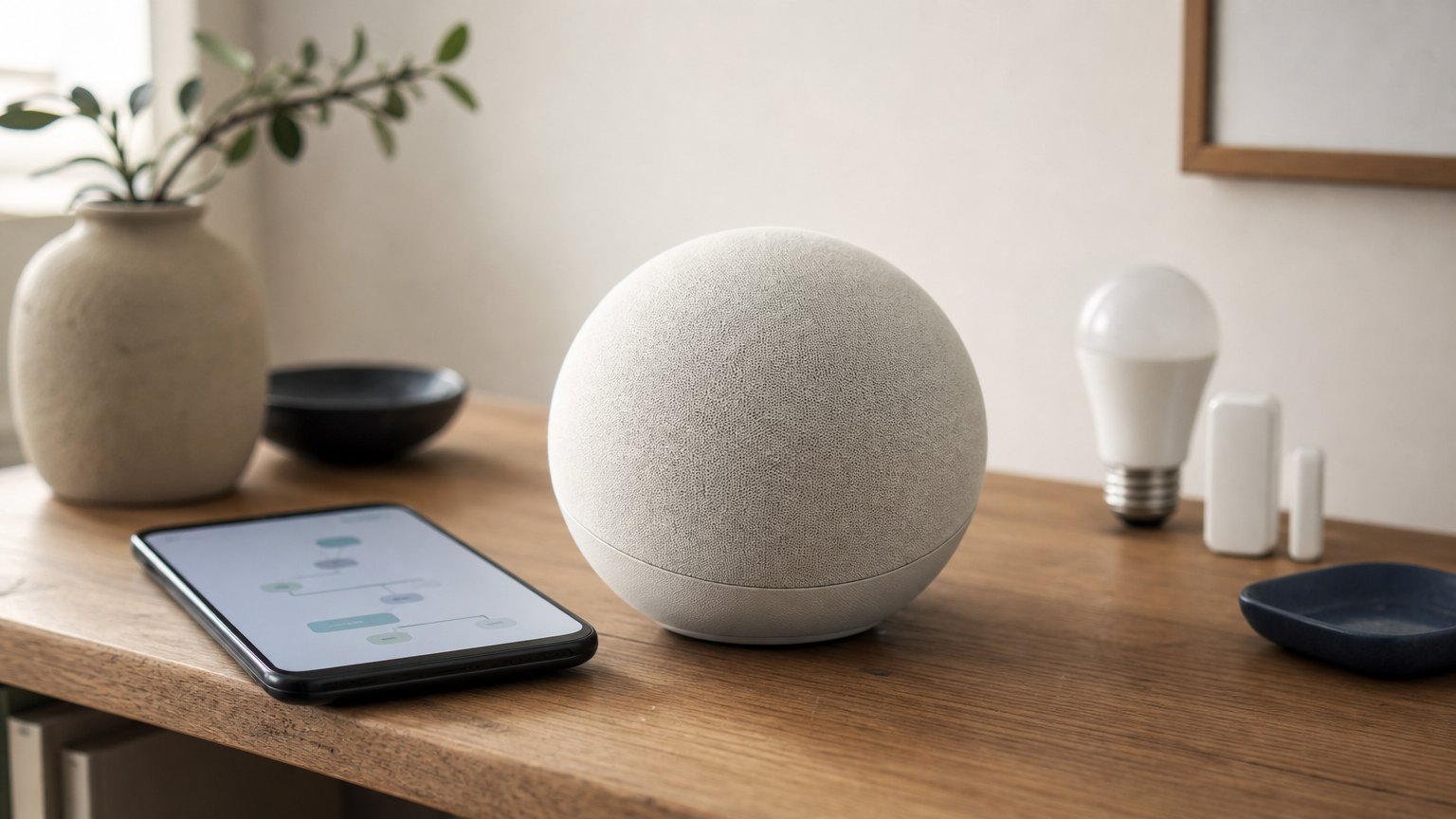 A sphere-shaped hub on a shelf beside a phone showing an automation app and nearby smart devices.