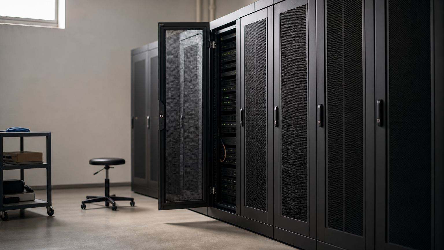 A single server rack door stands ajar among rows of securely closed racks in a data centre.