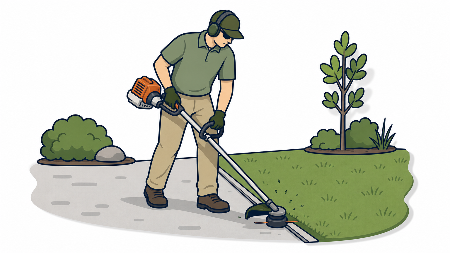 A worker uses a string trimmer to edge a driveway beside a mowed lawn.