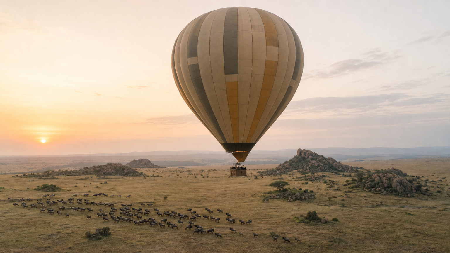 A hot air balloon floats over the Serengeti plains at sunrise above scattered kopjes and grazing herds.