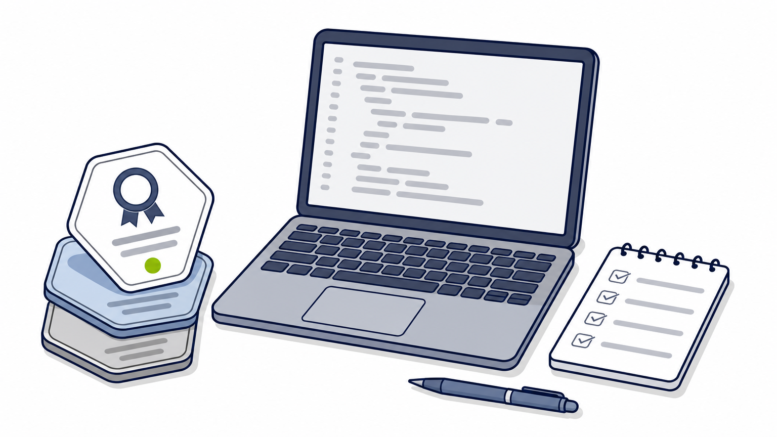 A stack of certification badges sits on a desk near a laptop displaying code and a checklist notepad.