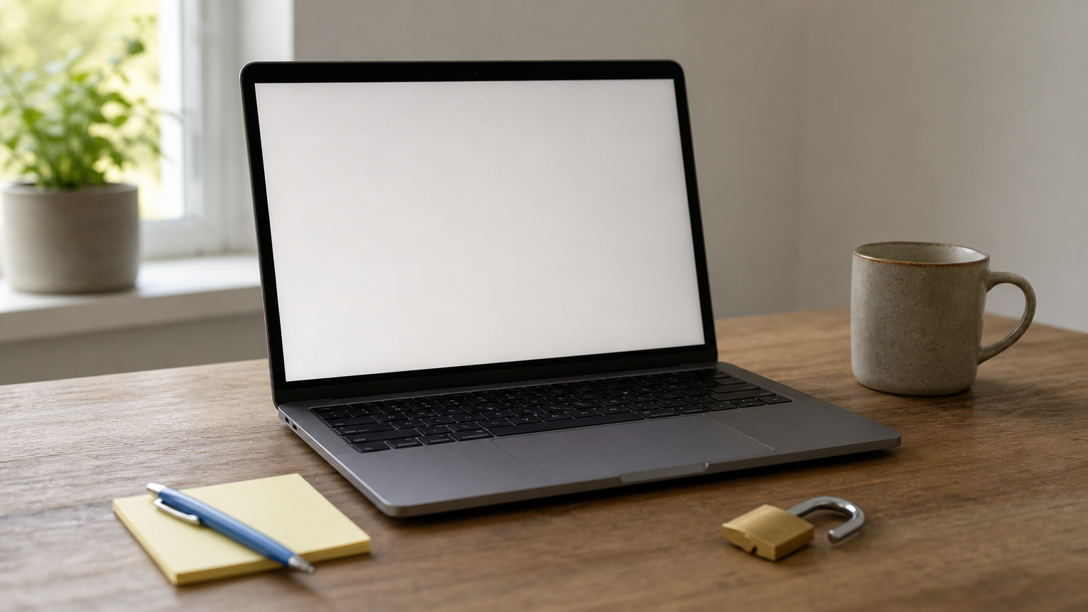 A laptop displaying a suspicious email next to a sticky note and an unlocked padlock on a desk.