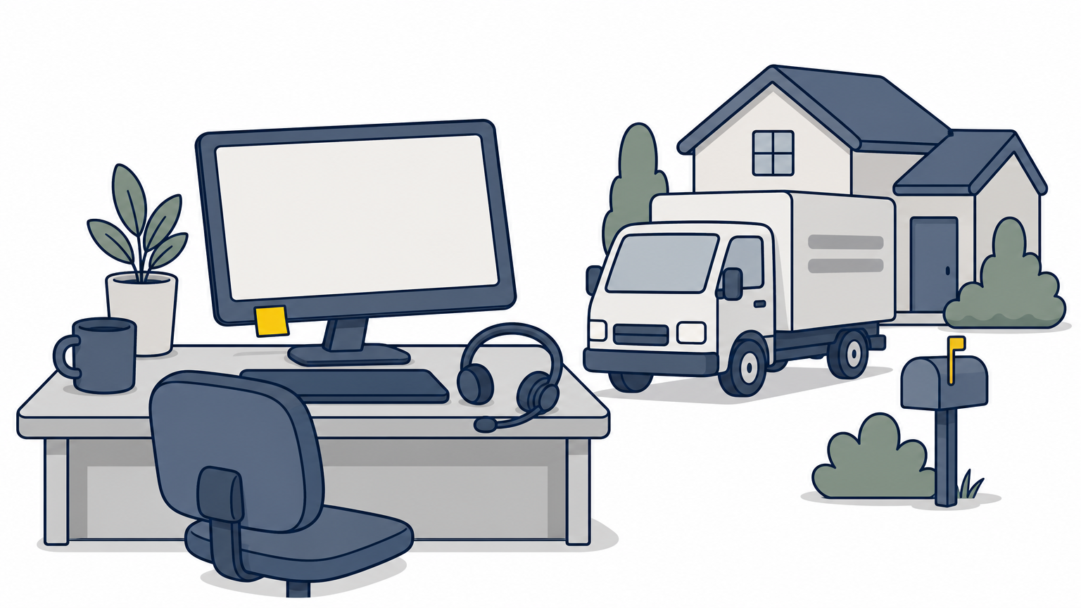 A call center headset workstation shown next to a small pest control truck parked in a driveway.