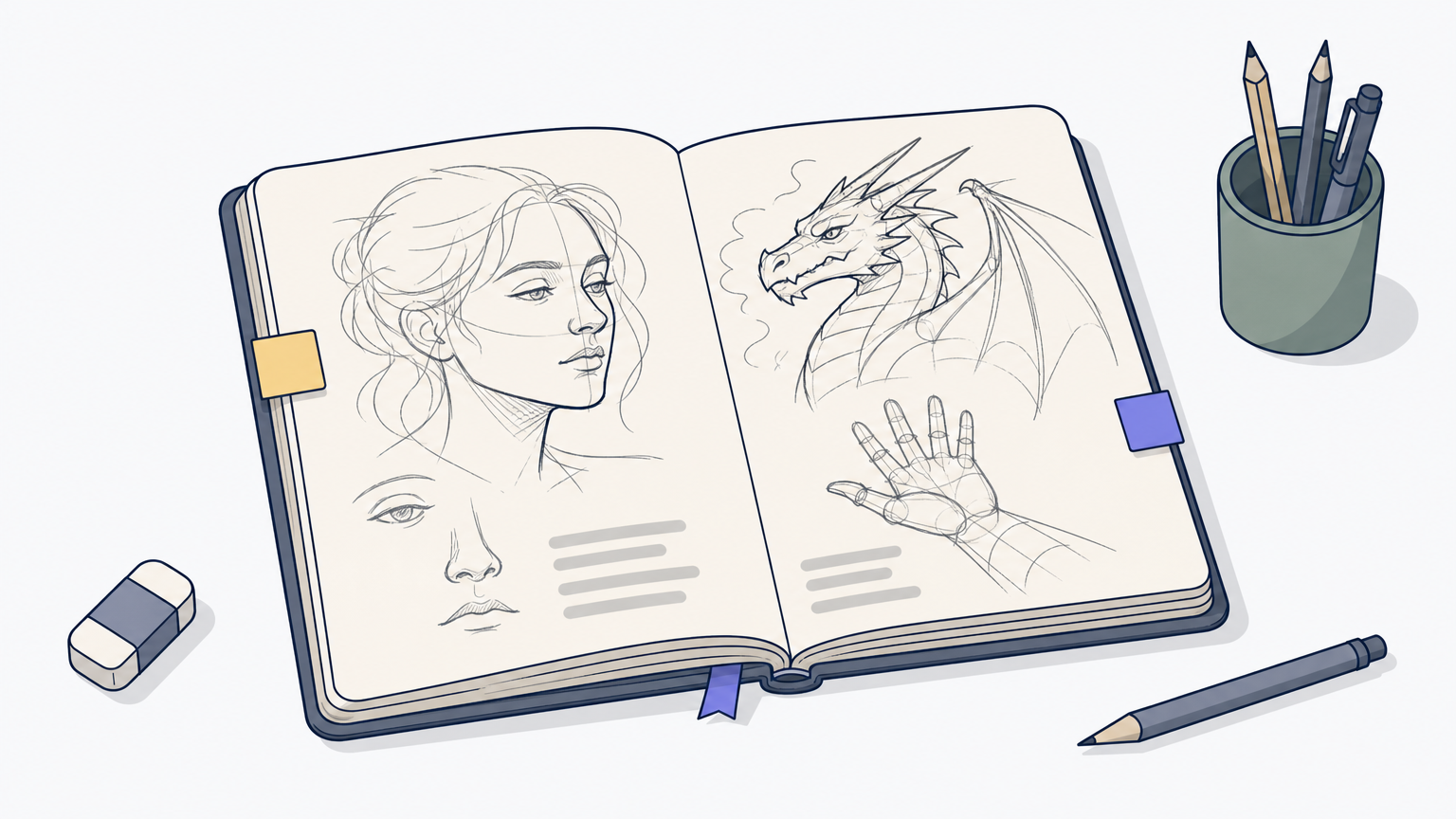 An open sketchbook shows unrelated, half-finished sketches scattered across two pages.