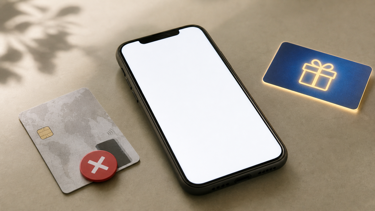 A smartphone shows the Google Play Store with a US flag beside a rejected card and a glowing gift card.