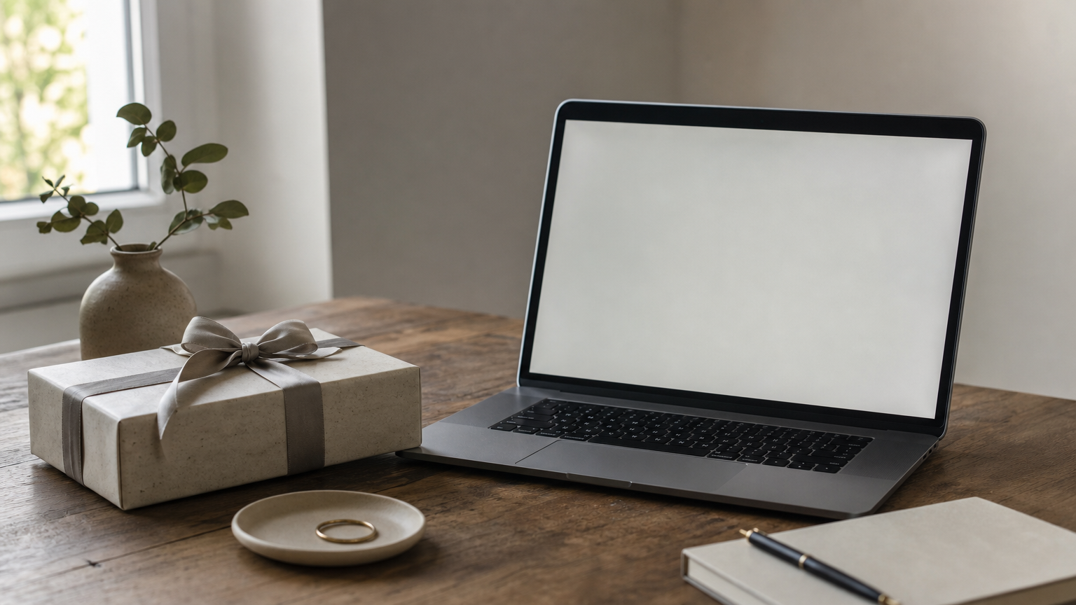 A wrapped gift box sits beside a laptop showing an email notification and a birthday card.