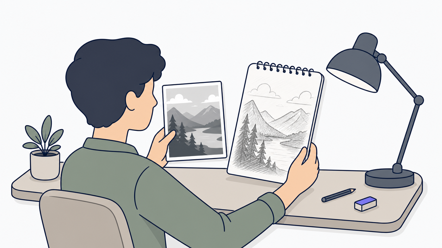 An artist holds a drawing next to its reference photo to compare details side by side.