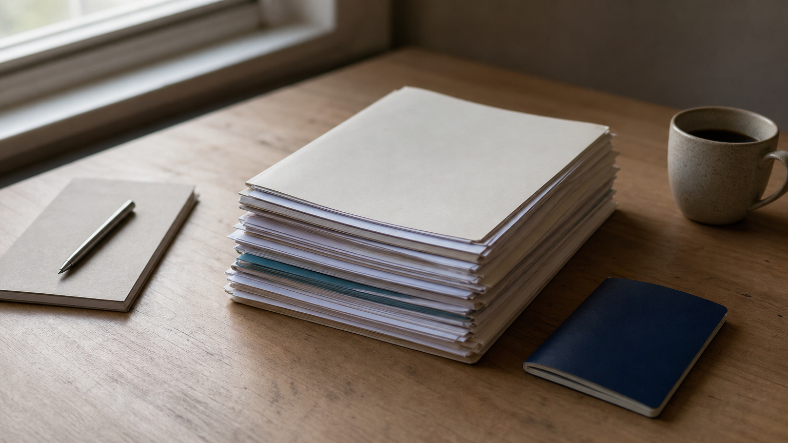 Stack of transcripts, a passport, and a medical certificate arranged on a desk for university application.