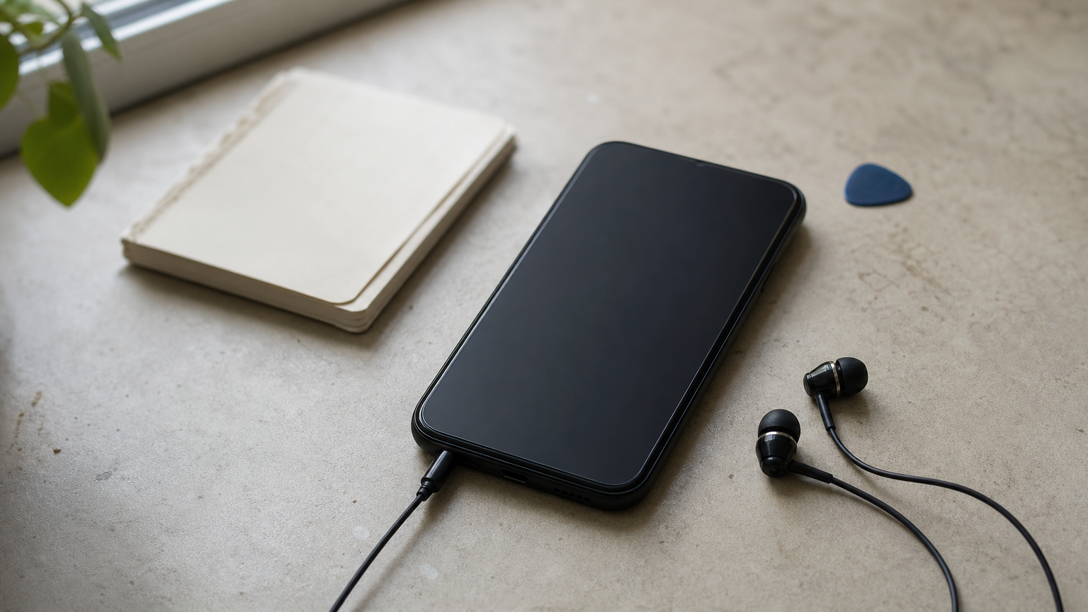 A smartphone displaying a music player app next to earbuds and a notepad.