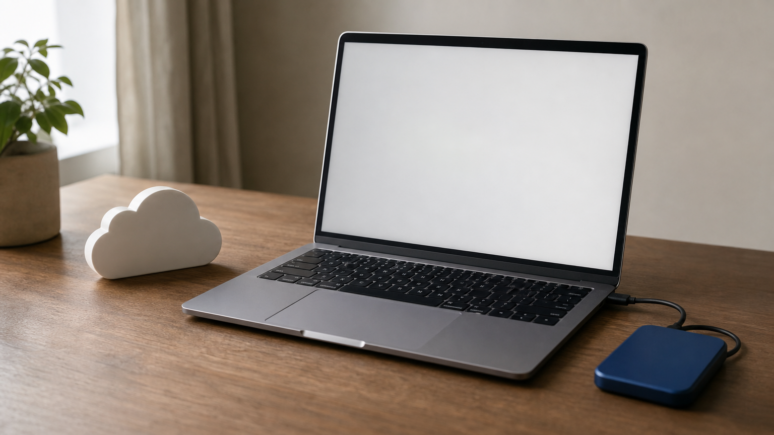 A laptop showing a music folder beside an external hard drive on a desk.
