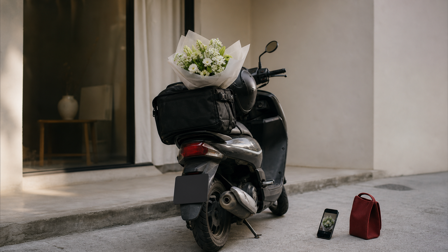 A delivery rider with a wrapped bouquet next to a phone showing a photo preview.