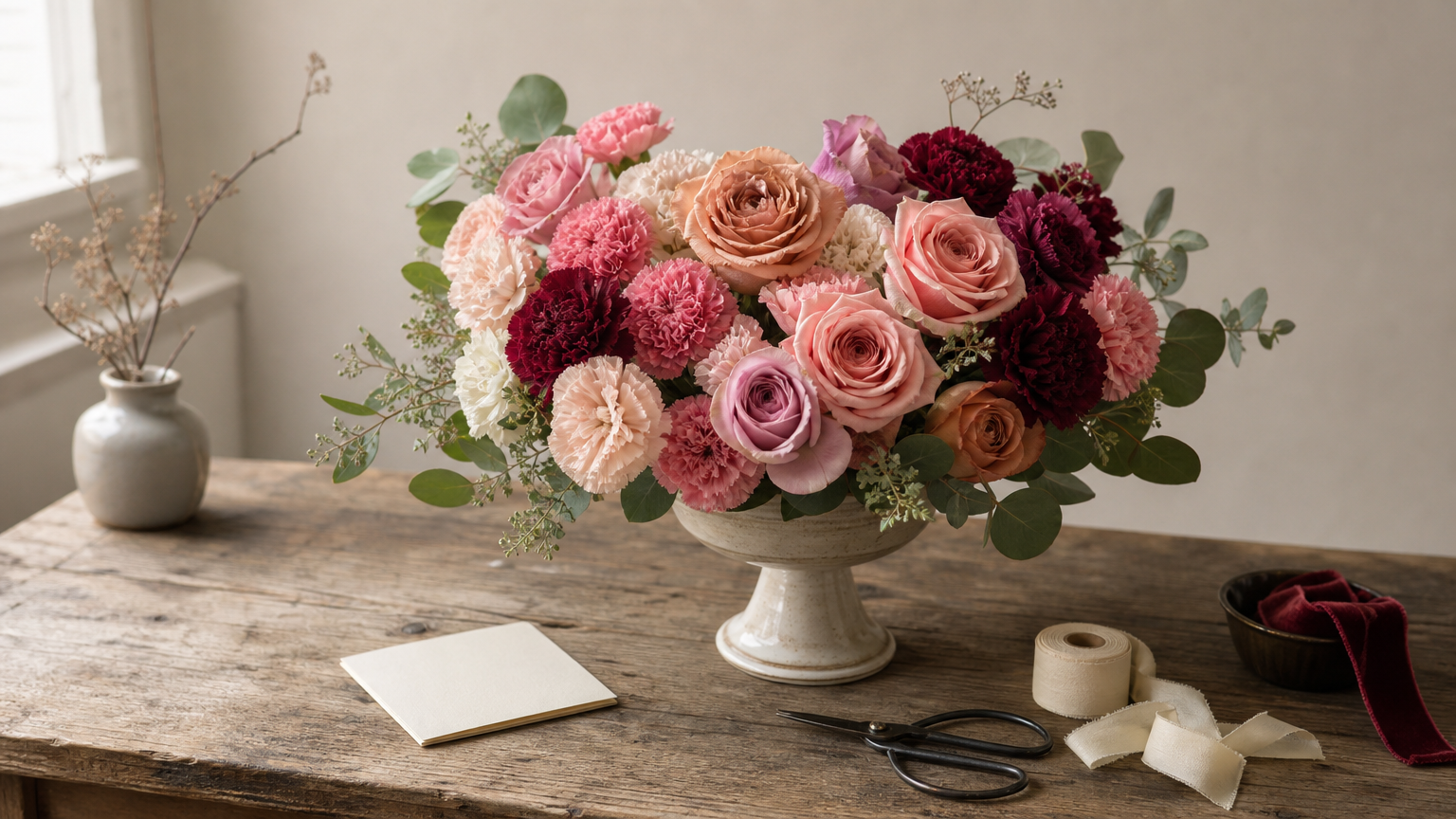 A flower arranging table with roses, carnations, ribbon, and a notecard.