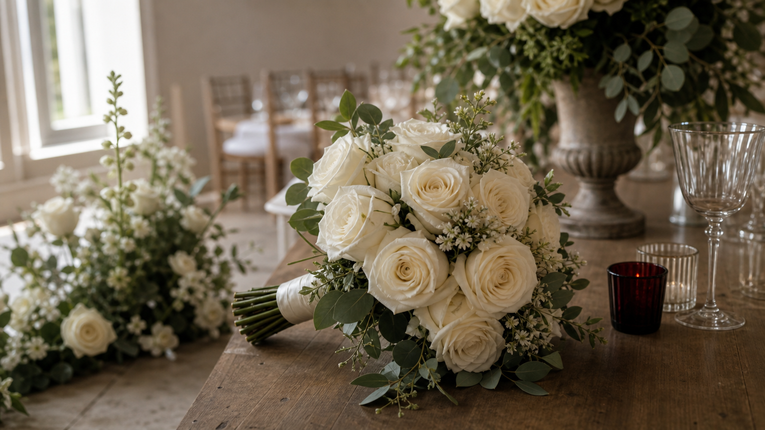 A white rose bridal bouquet beside wedding aisle and centerpiece floral decor.