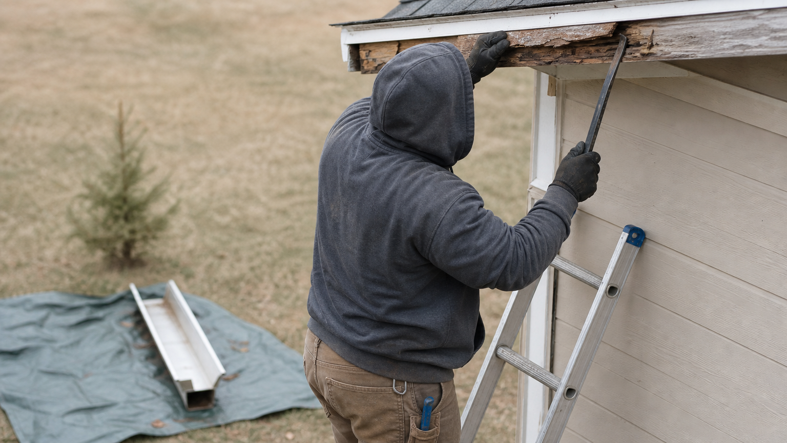 Person on a ladder prying a rotted fascia board off a house with a gutter section set aside on a tarp.