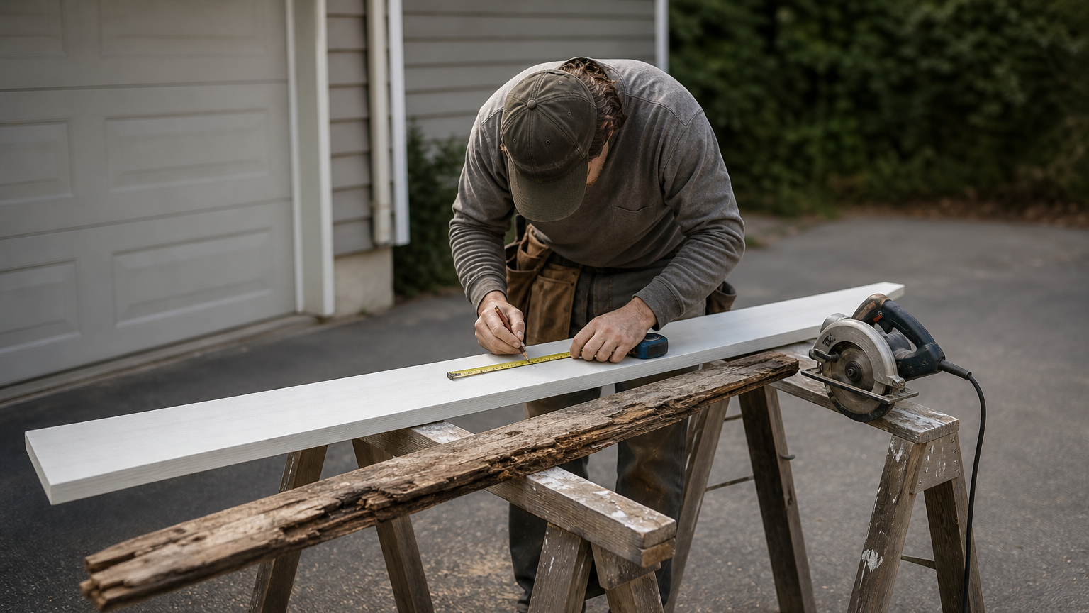 Carpenter measuring and cutting a replacement fascia board next to the old rotted board on sawhorses.