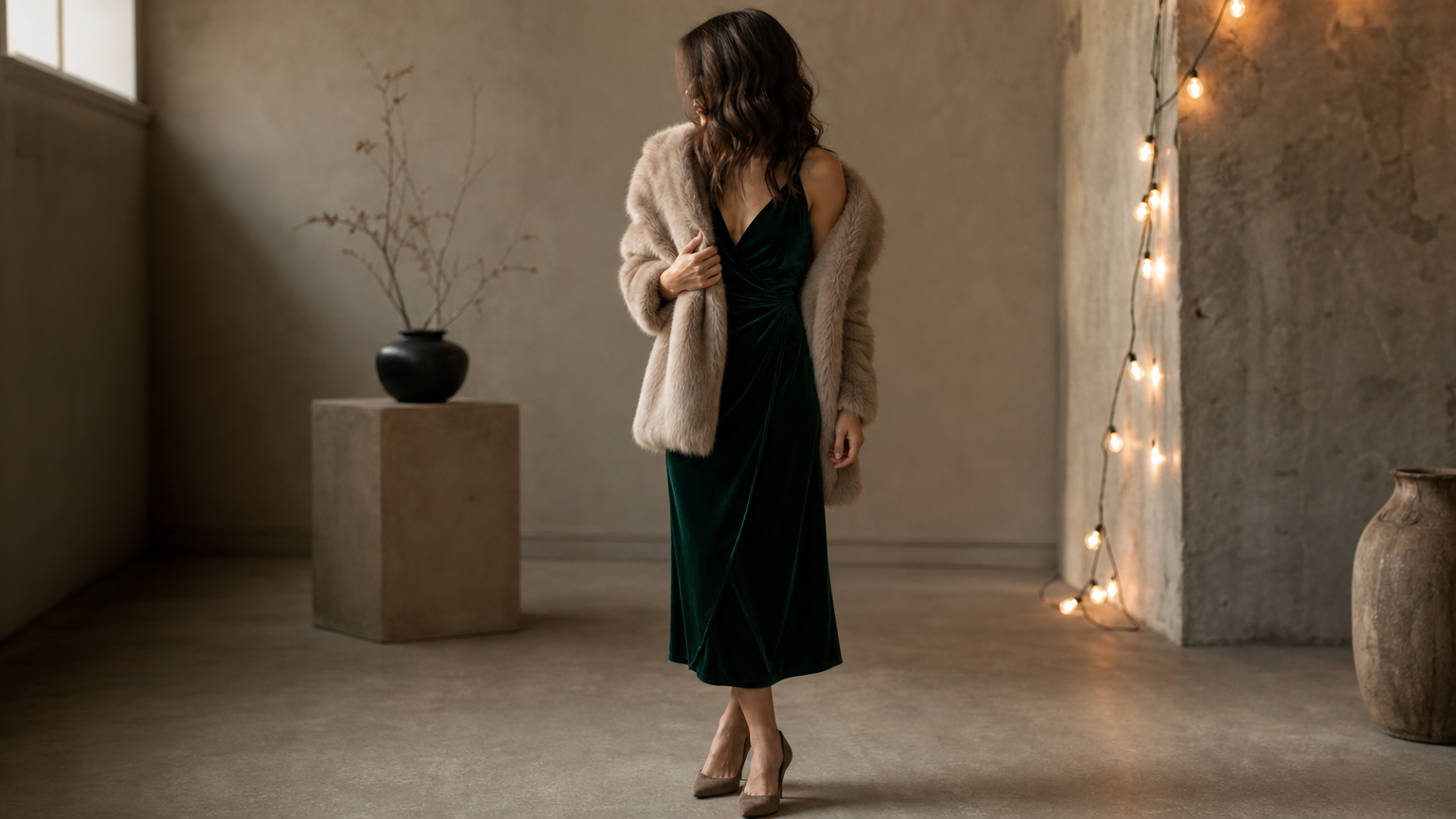 A woman wears a deep emerald velvet dress with a fur wrap coat at an evening wedding setting.