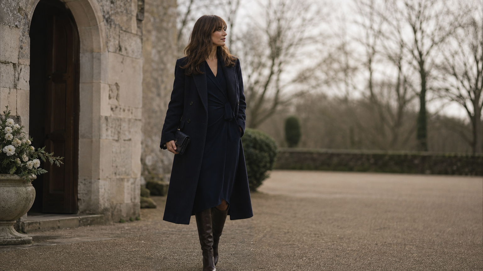 A woman wears a navy midi dress paired with knee-high boots and a wool coat outdoors.