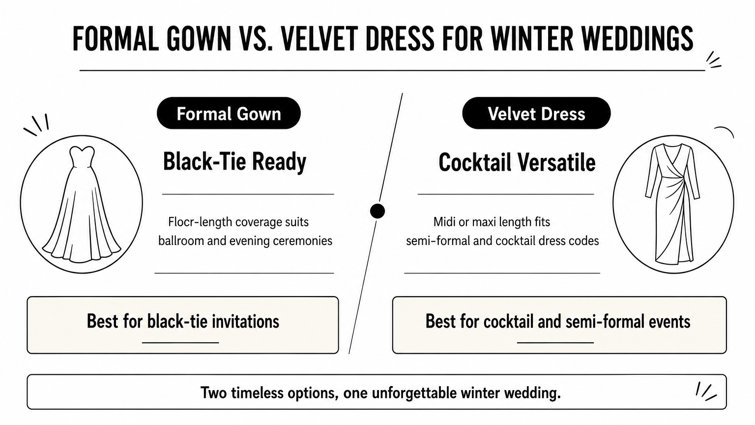 An infographic comparing a formal gown and a velvet dress for winter wedding dress codes.