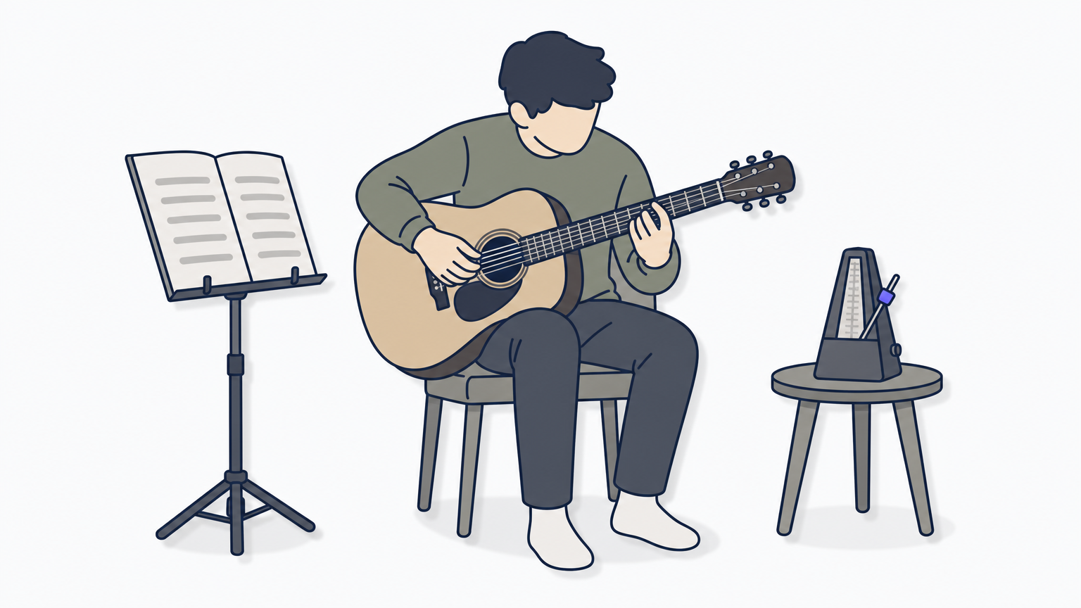 A guitarist focuses on a tricky chord change with a metronome and sheet music beside them.