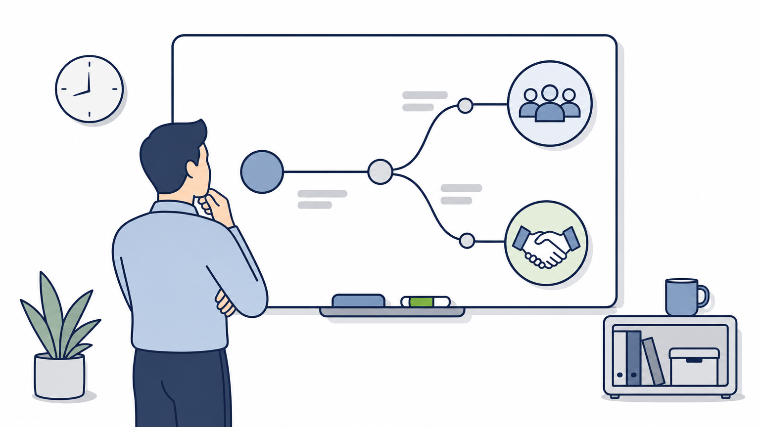 A manager stands before a whiteboard showing two branching paths representing different staffing decisions.