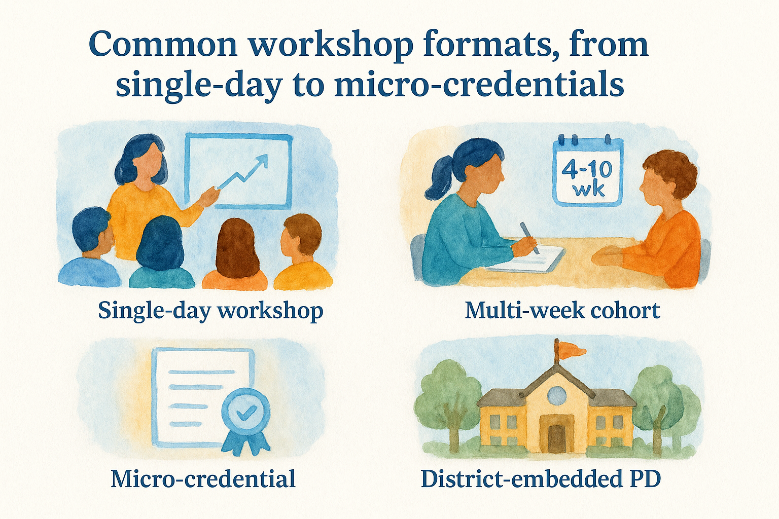 Common workshop formats, from single-day to micro-credentials