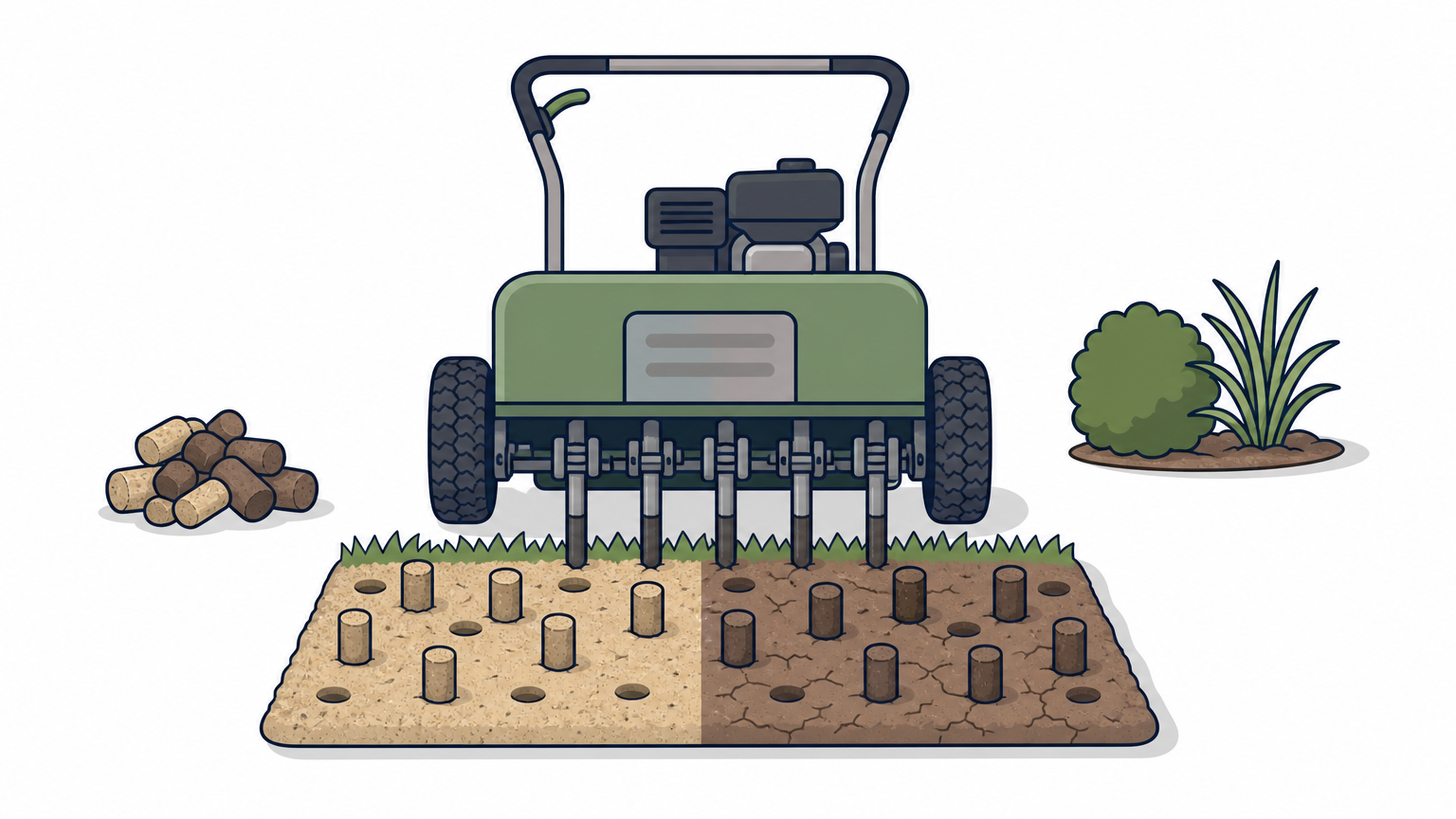 A core aerator pulls soil plugs from a lawn showing sandy versus compacted clay ground.