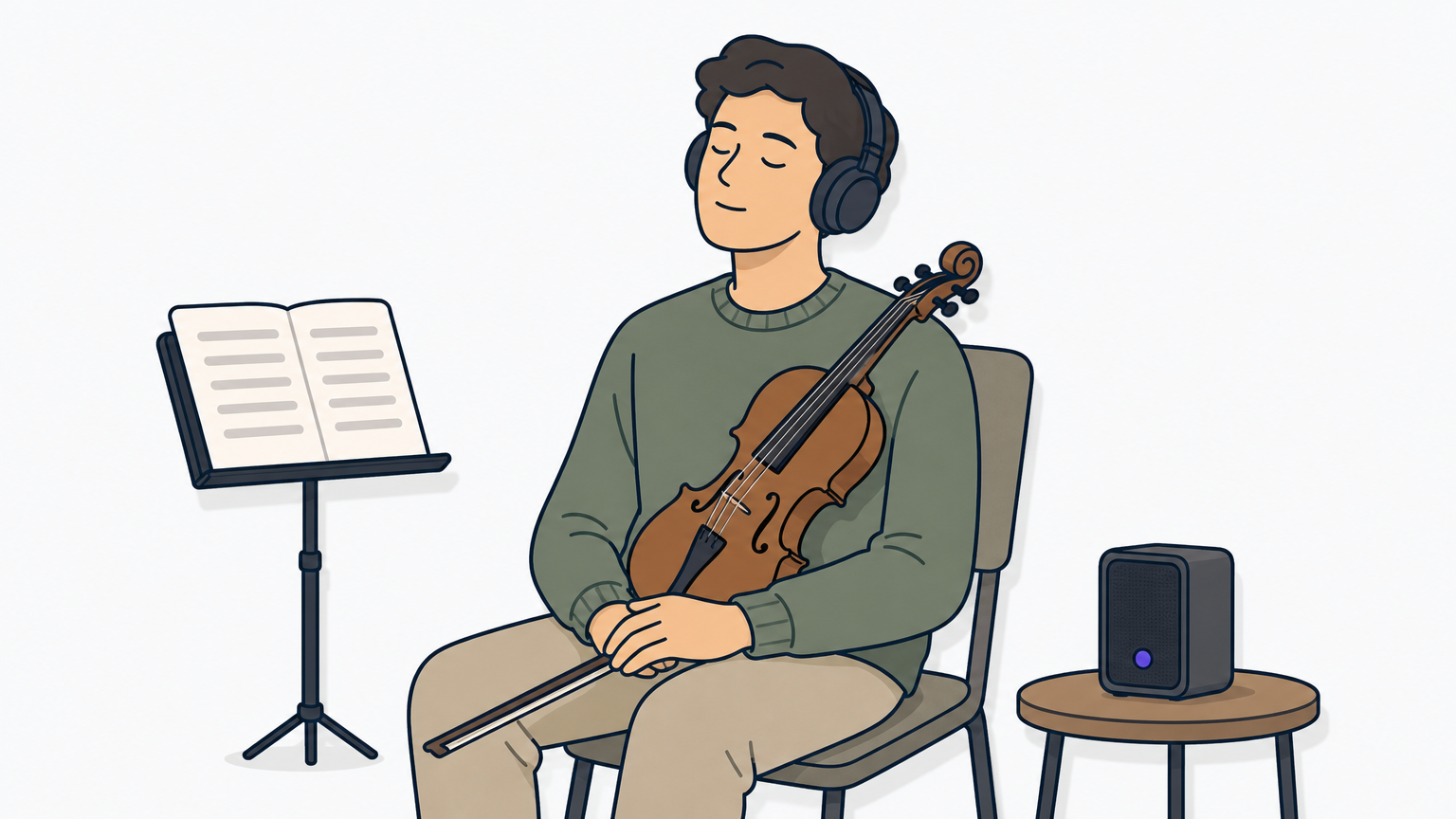 A violinist closes their eyes and listens closely to a recording playing on a nearby speaker.