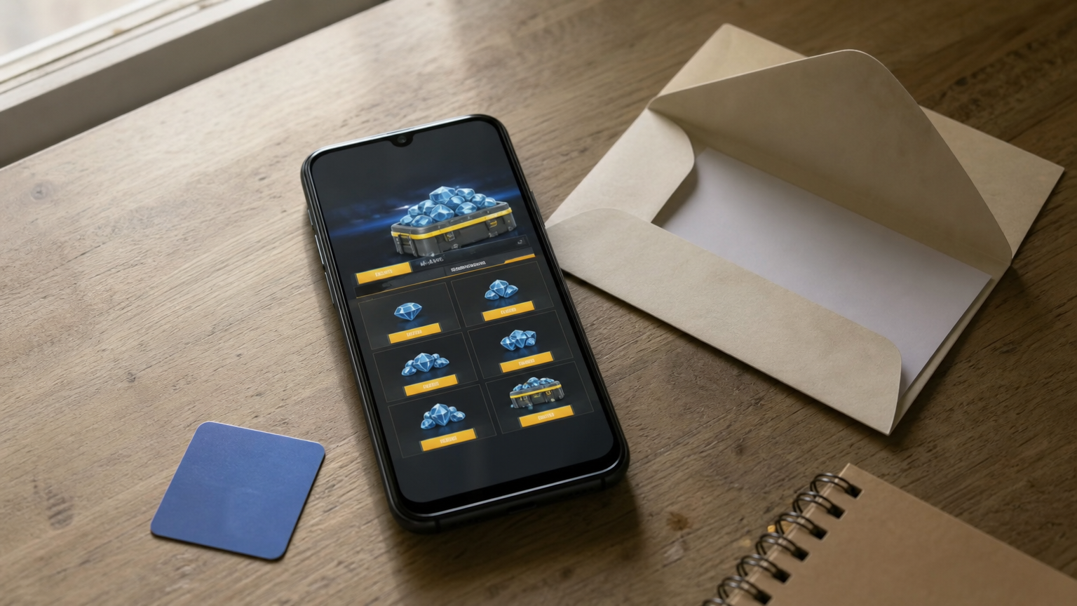 Smartphone showing a Free Fire diamond package price in rupees next to an emailed redemption code.