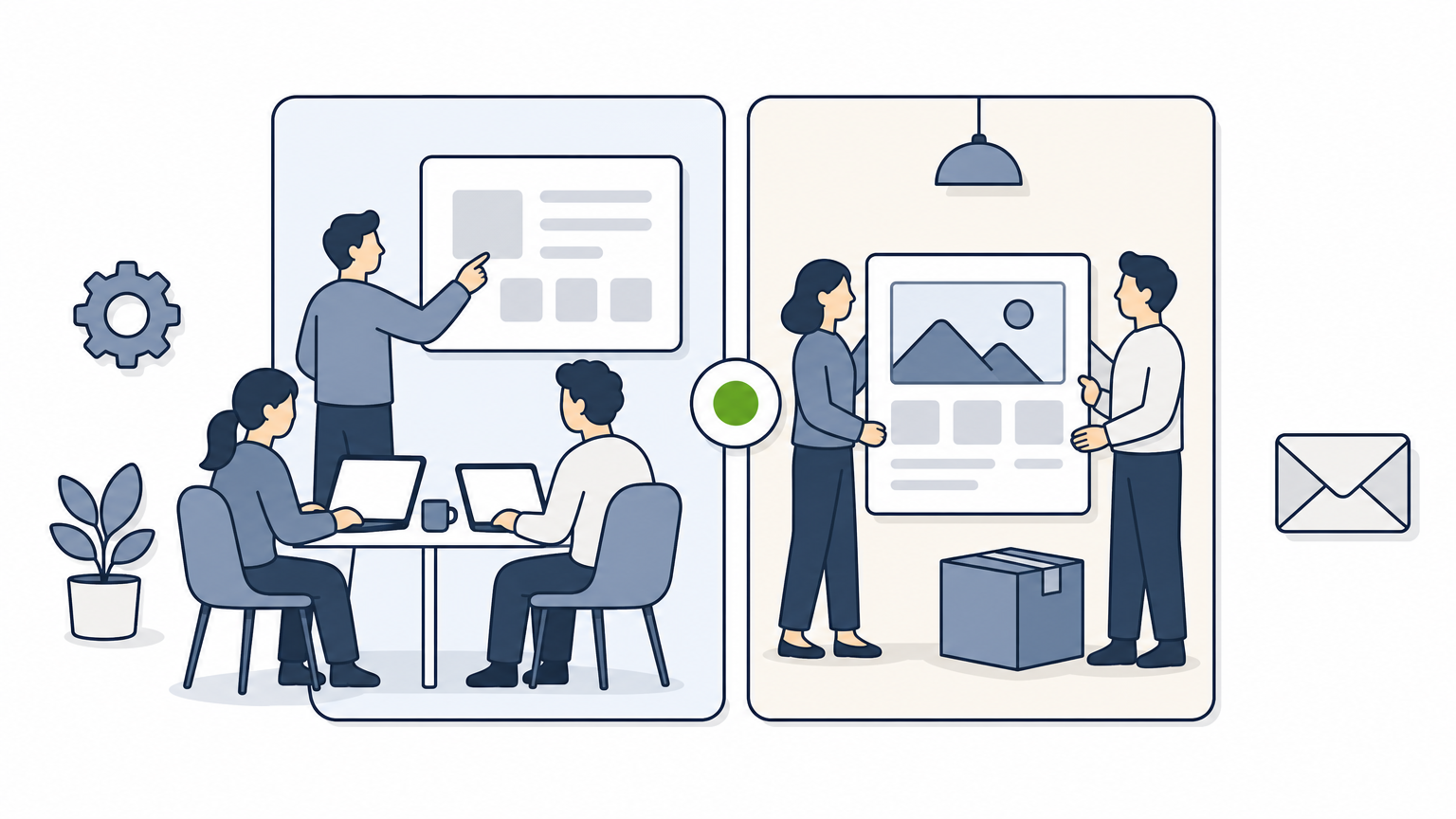 A split scene contrasts an in-house developer collaborating with a team against an outside agency delivering a finished project.