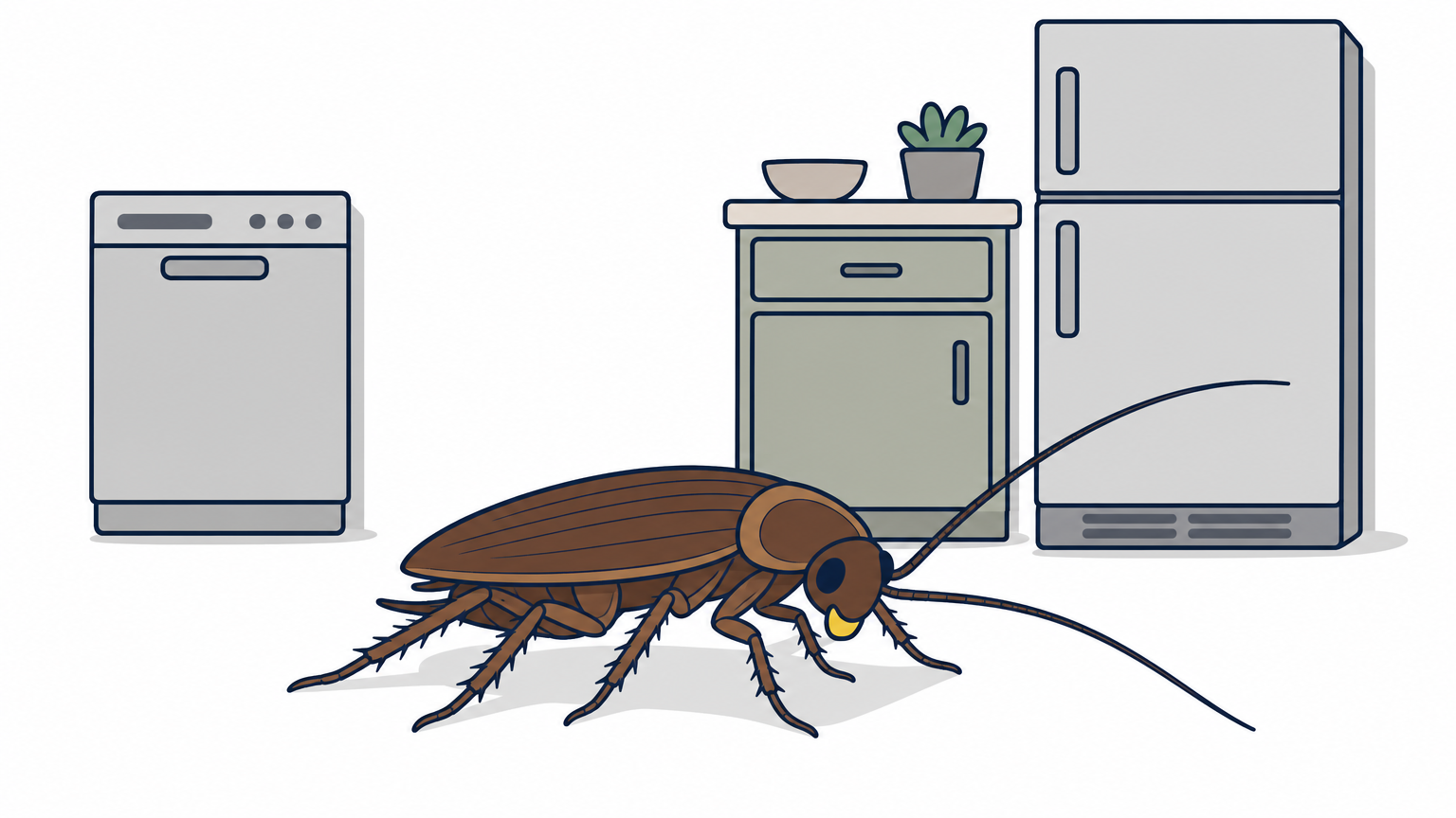 A small brown German cockroach crosses a kitchen floor near a refrigerator.