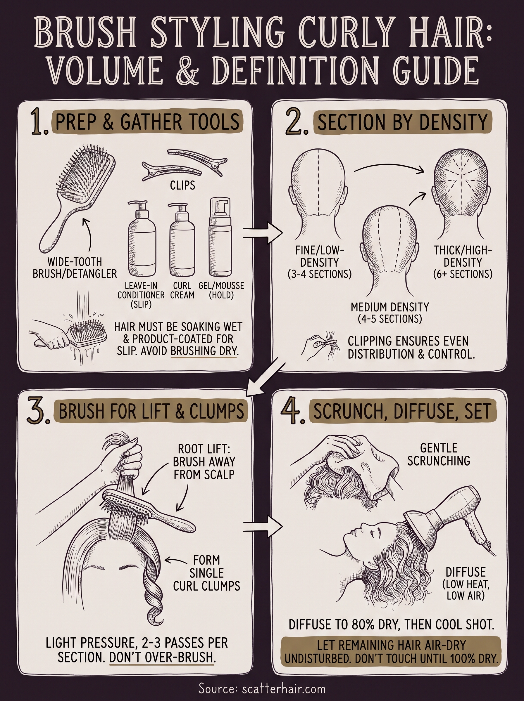 how to brush style curly hair infographic