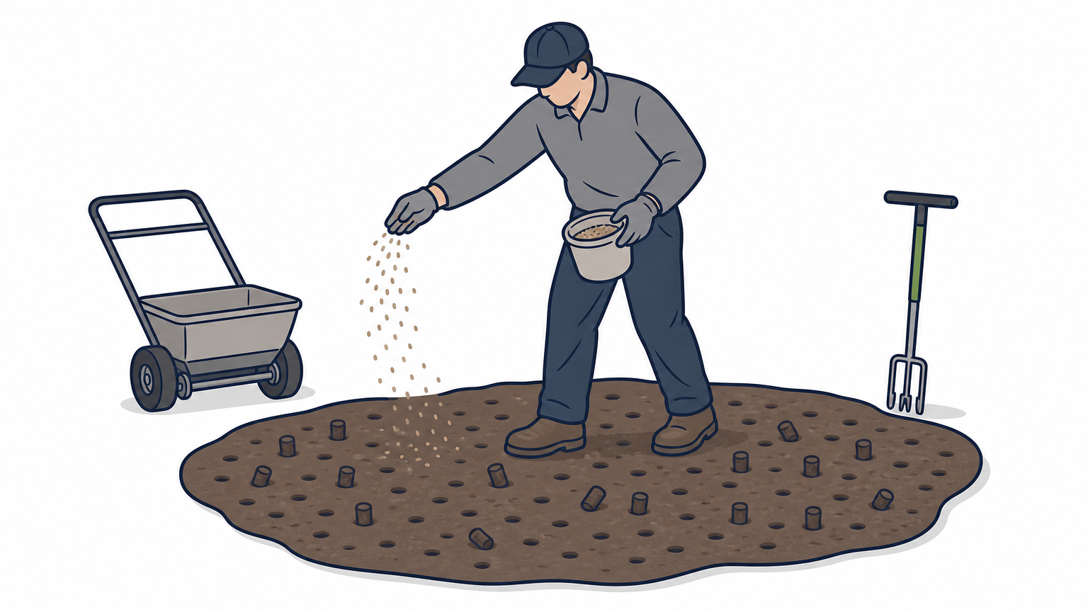 A worker spreads grass seed over a lawn with fresh aeration plugs visible in the soil.