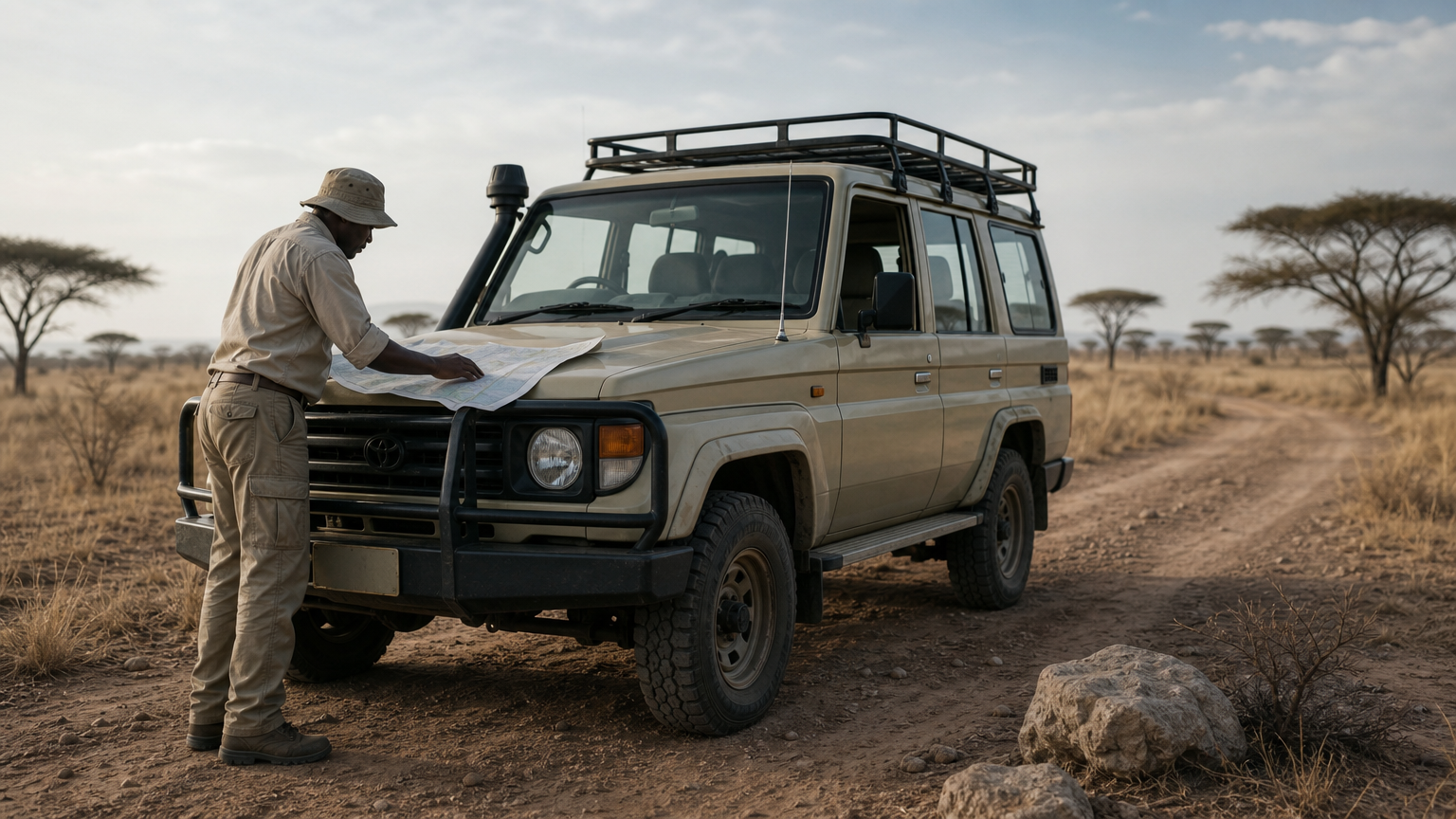 A driver-guide reviews a custom itinerary map beside a safari Land Cruiser on the savanna.